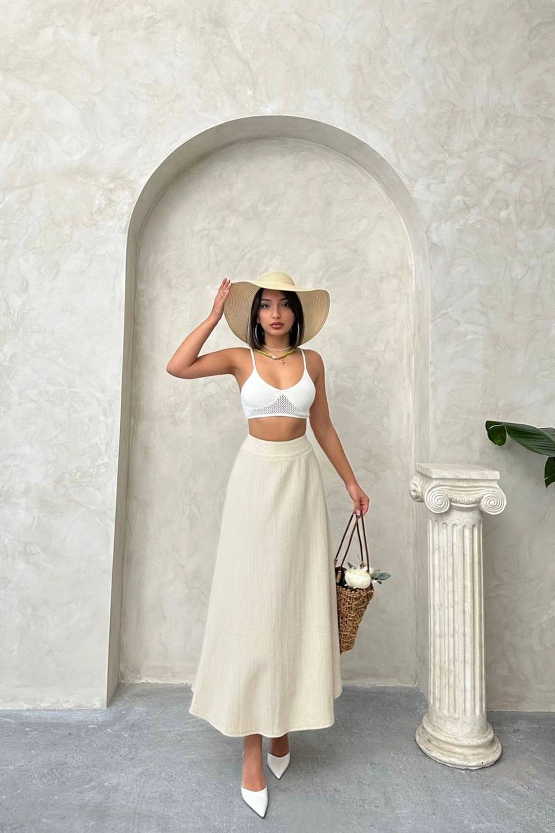 Beige High Waist Elastic Waist Midi Skirt BCHN-25255043 - Ponferrada