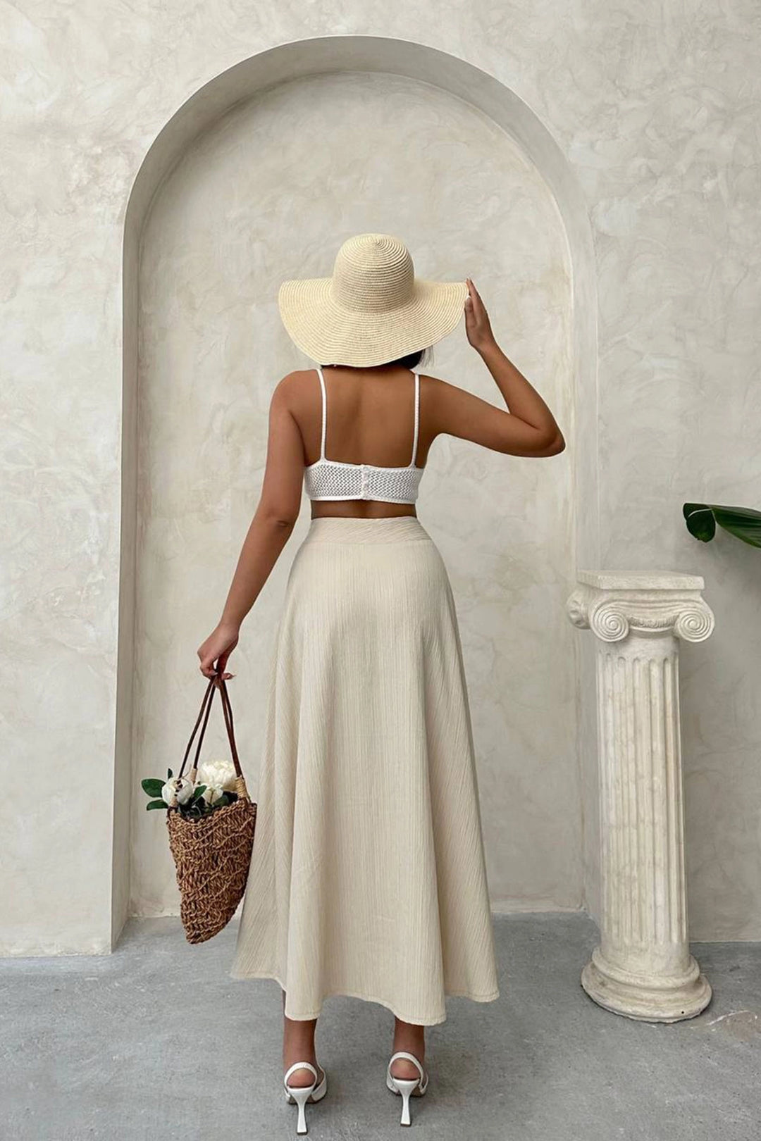 Beige High Waist Elastic Waist Midi Skirt BCHN-25255043 - Ponferrada