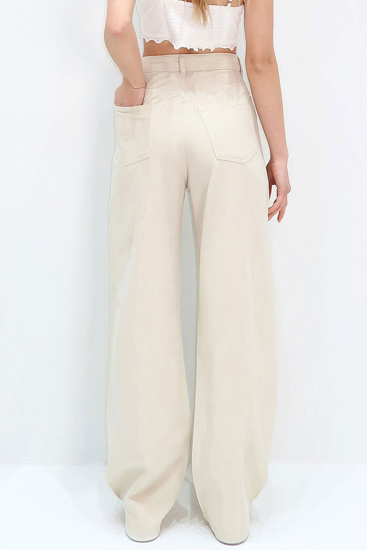 Bej Yüksek Bel Beş Cepli Wide Leg Yazlık Gabardin Pantolon BCHNW-251182 - Pioltello