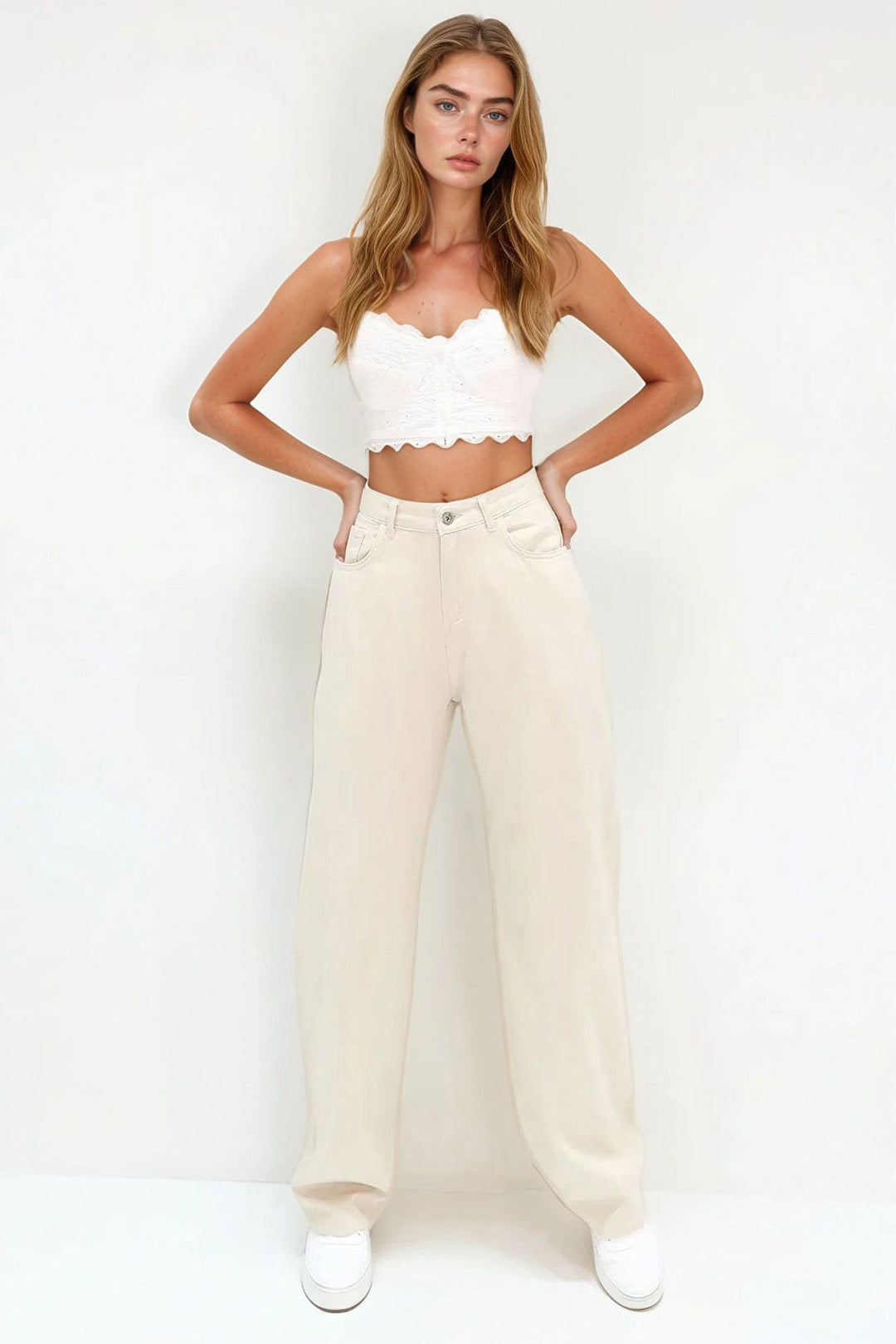 Bej Yüksek Bel Beş Cepli Wide Leg Yazlık Gabardin Pantolon BCHNW-251182 - Pioltello