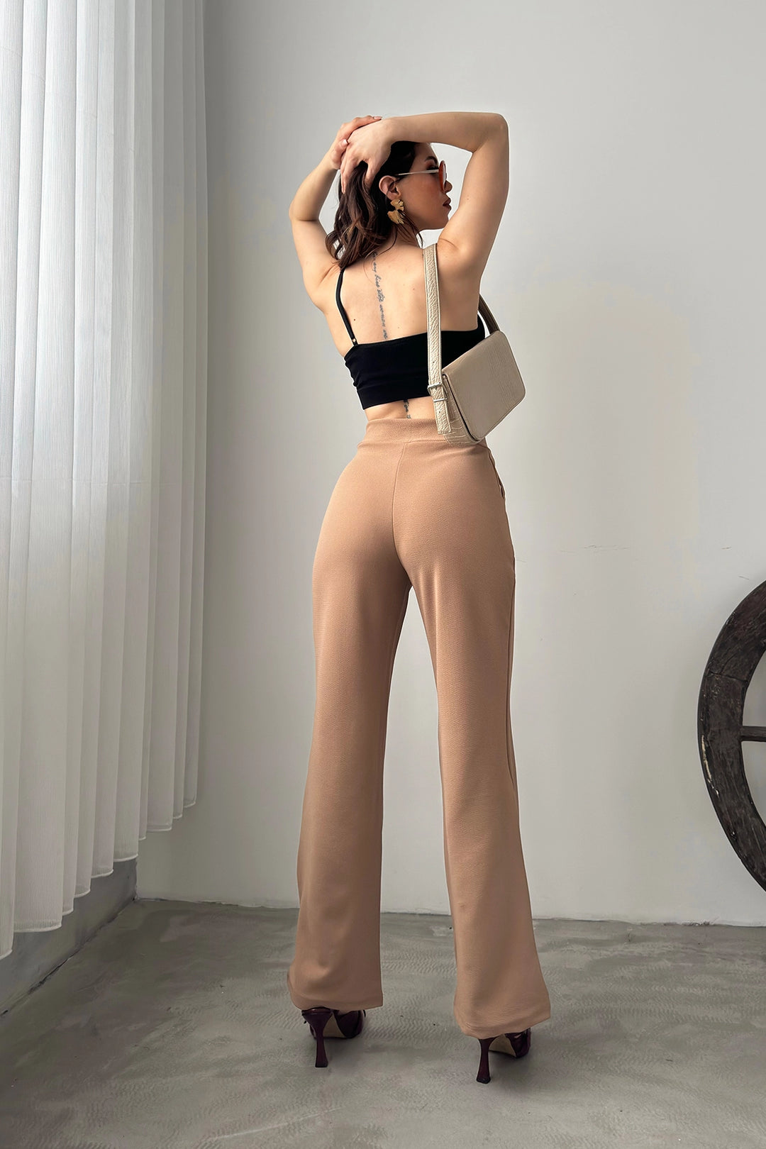 Beige High Waist Pleated Palazzo Pants BCDF-24CH1109 - Northampton