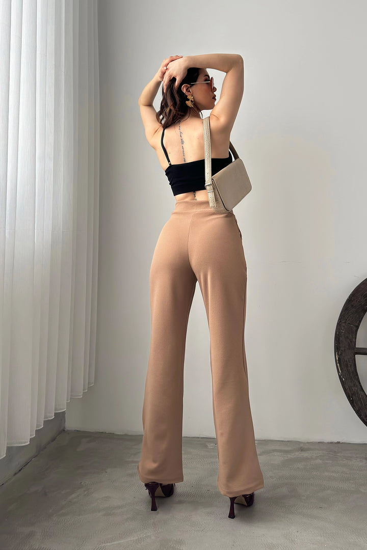 Beige High Waist Pleated Palazzo Pants BCDF-24CH1109 - Northampton