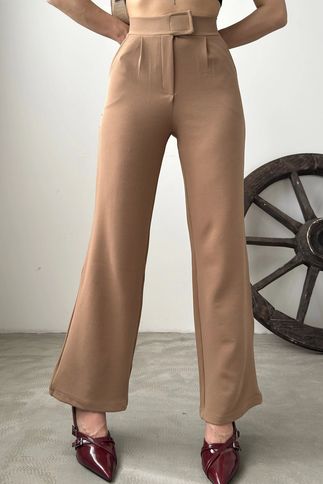 Beige High Waist Pleated Palazzo Pants BCDF-24CH1109 - Northampton