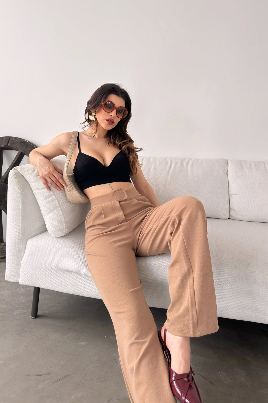 Beige High Waist Pleated Palazzo Pants BCDF-24CH1109 - Northampton