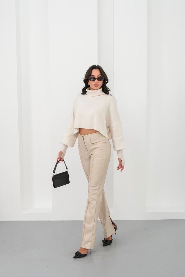 Beige High Waist Slit Faux Leather Pants BCHN-25265099 - Chatham