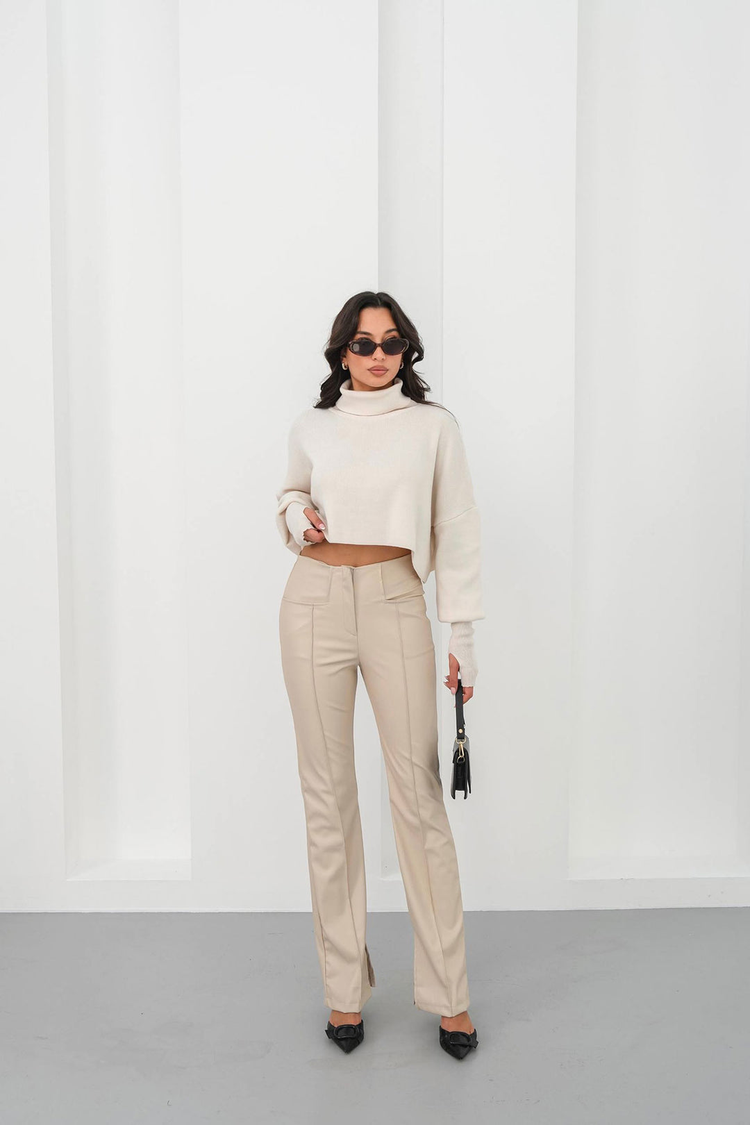 Beige High Waist Slit Faux Leather Pants BCHN-25265099 - Chatham