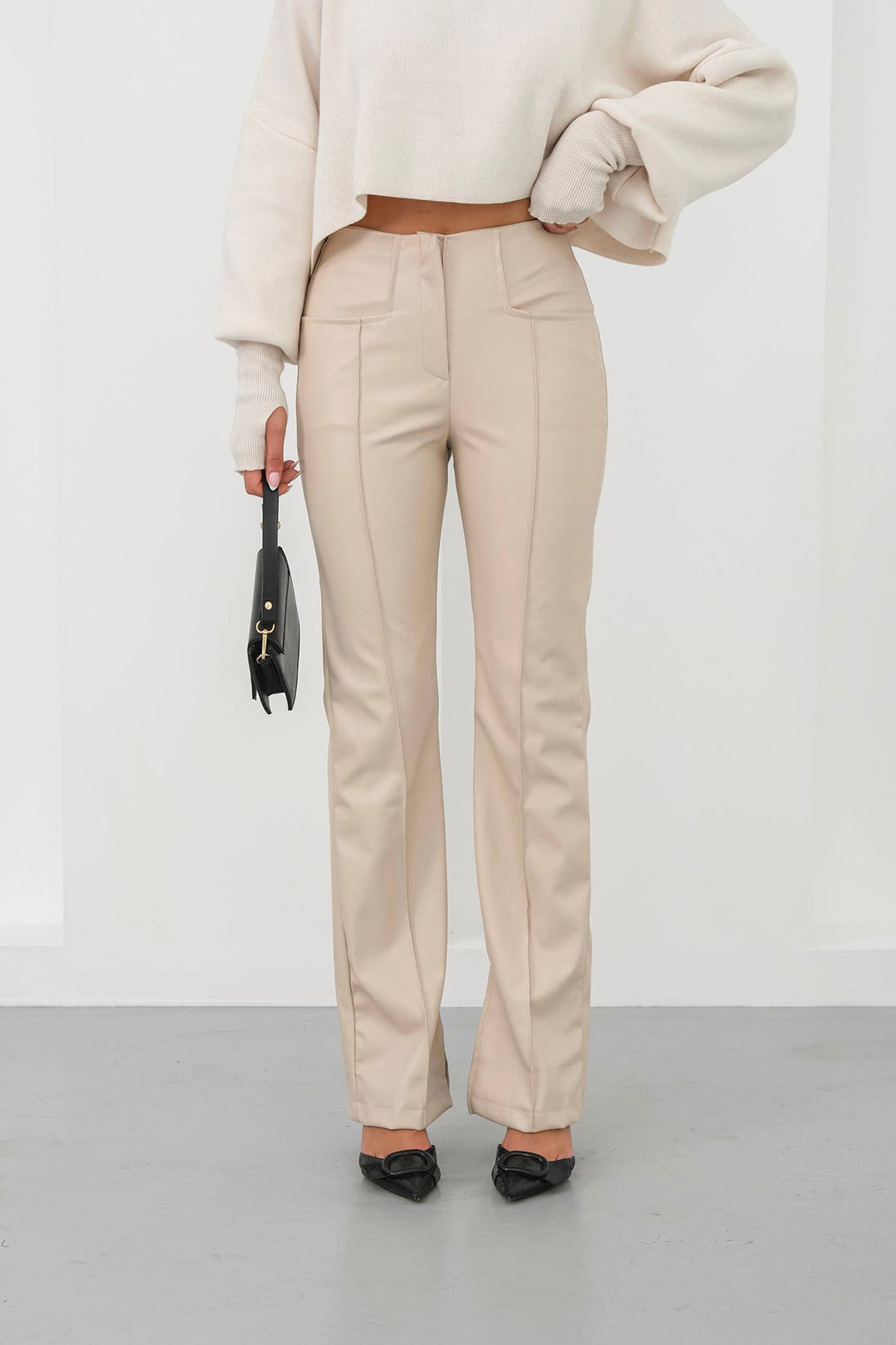 Beige High Waist Slit Faux Leather Pants BCHN-25265099 - Chatham
