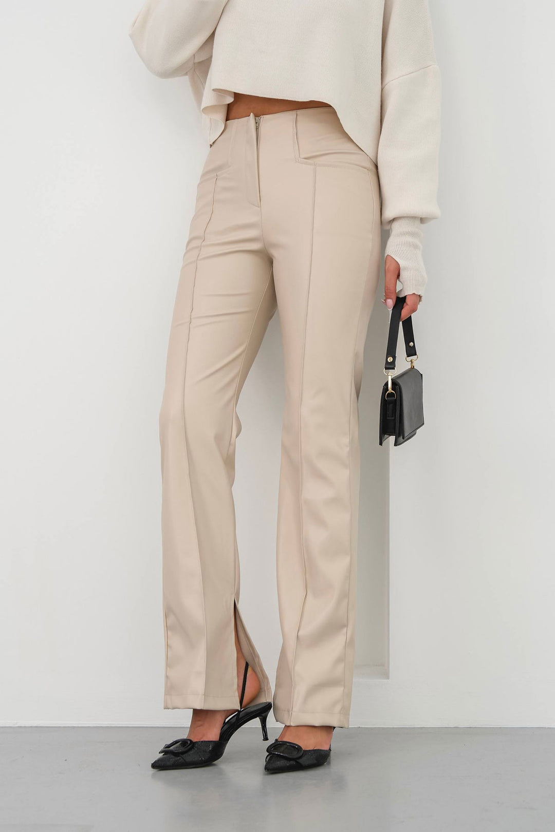 Beige High Waist Slit Faux Leather Pants BCHN-25265099 - Chatham