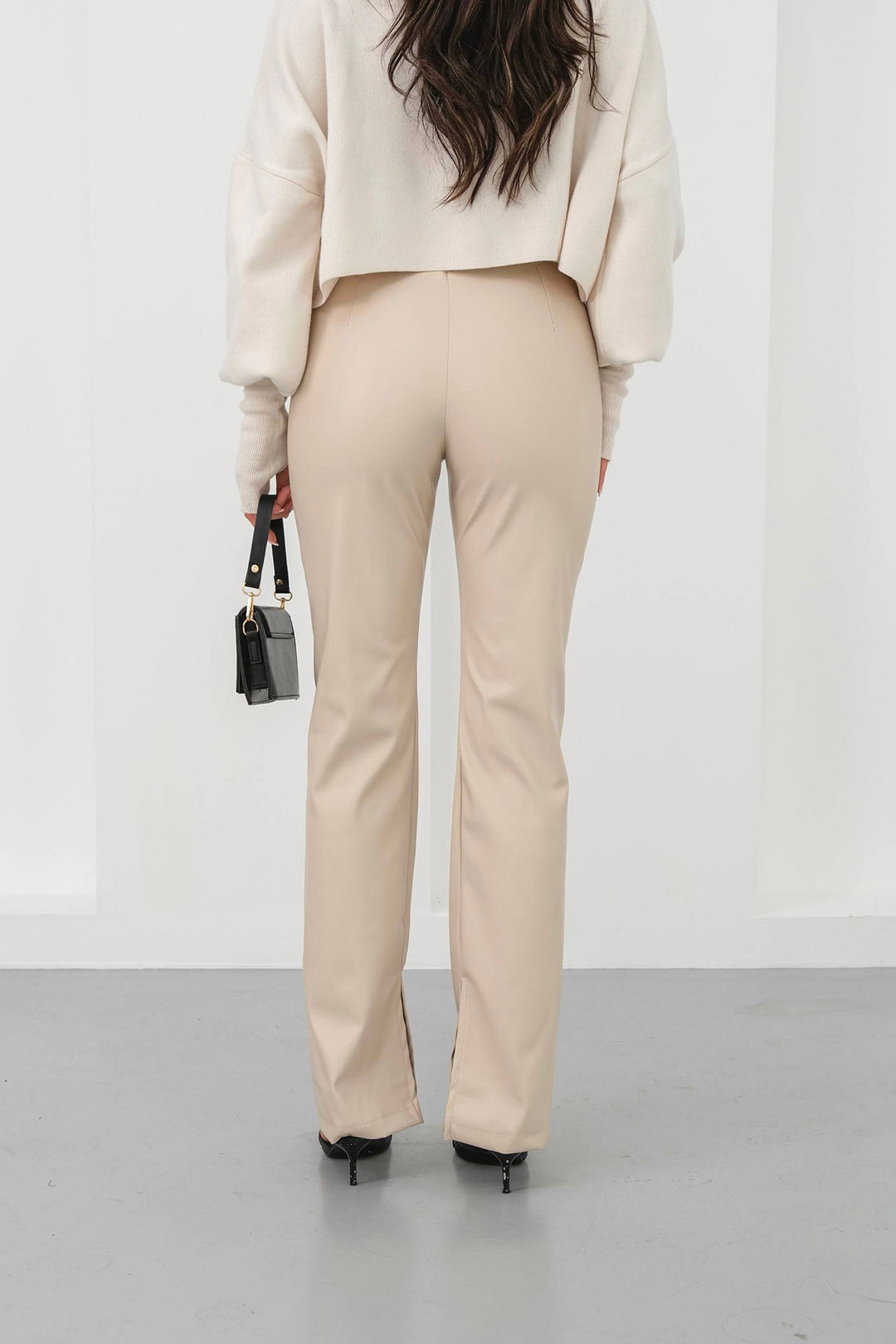 Beige High Waist Slit Faux Leather Pants BCHN-25265099 - Chatham