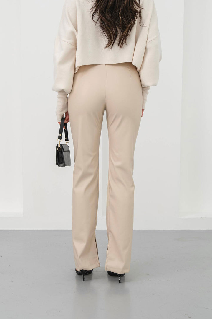 Beige High Waist Slit Faux Leather Pants BCHN-25265099 - Chatham