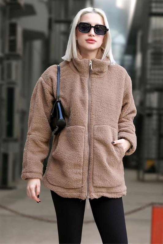 MDX Beige High Neck Pocket Plush Coat MG1948 - Breda