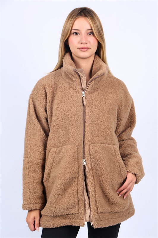 MDX Beige High Neck Pocket Plush Coat MG1948 - Breda