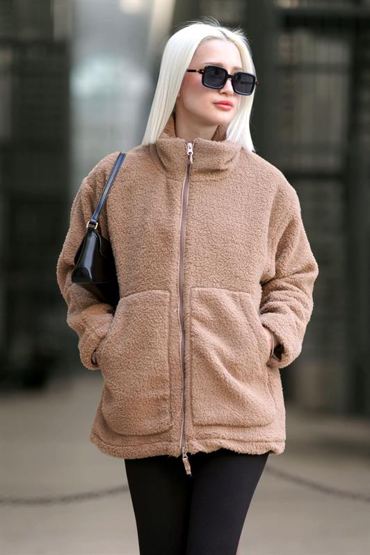 MDX Beige High Neck Pocket Plush Coat MG1948 - Breda