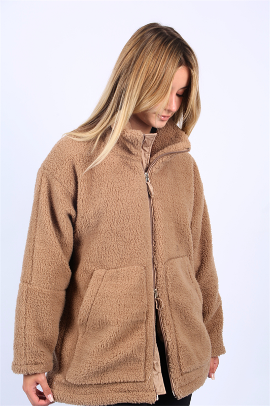 MDX Beige High Neck Pocket Plush Coat MG1948 - Breda