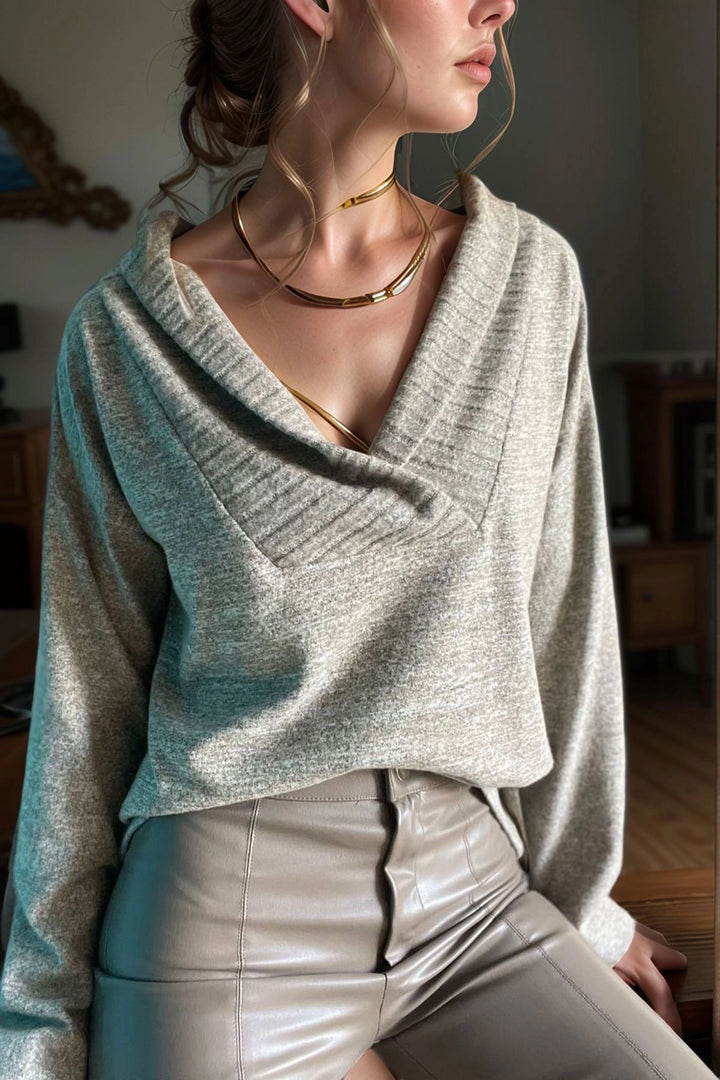 Beige Soft Textured Shawl Collar Loose Sweater BCBSK-25700-3326 - Reggio Emilia