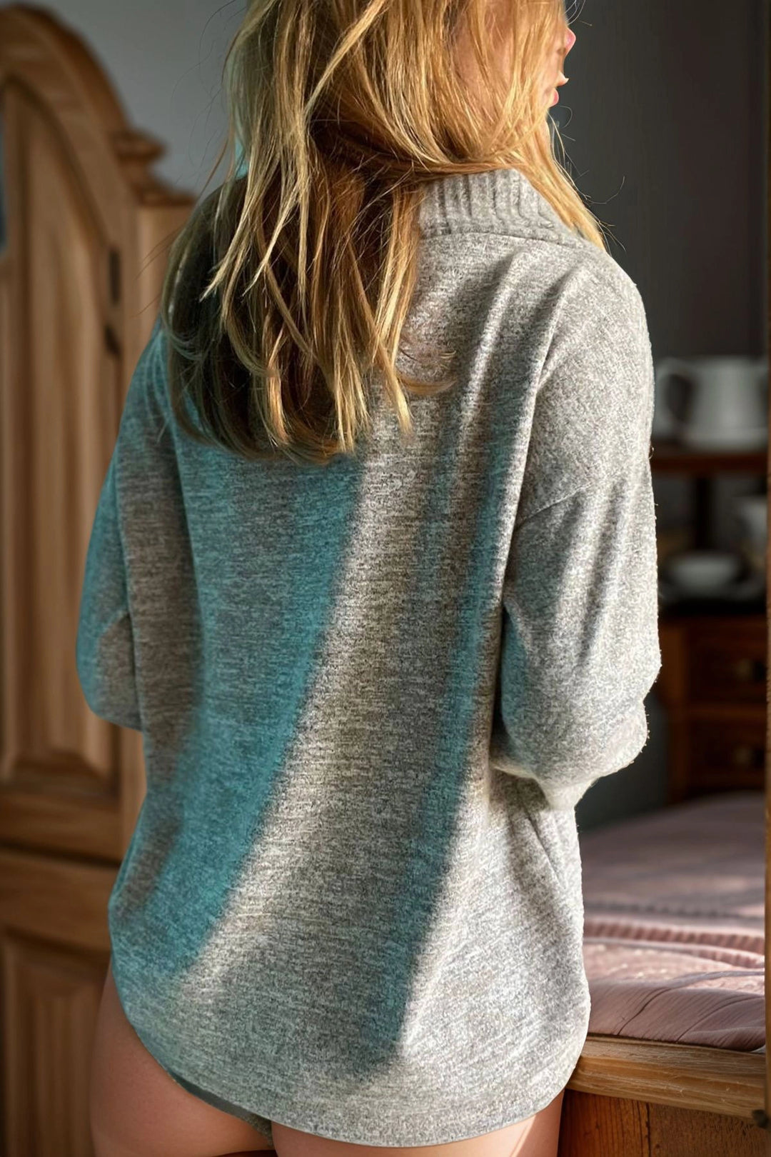 Beige Soft Textured Shawl Collar Loose Sweater BCBSK-25700-3326 - Reggio Emilia