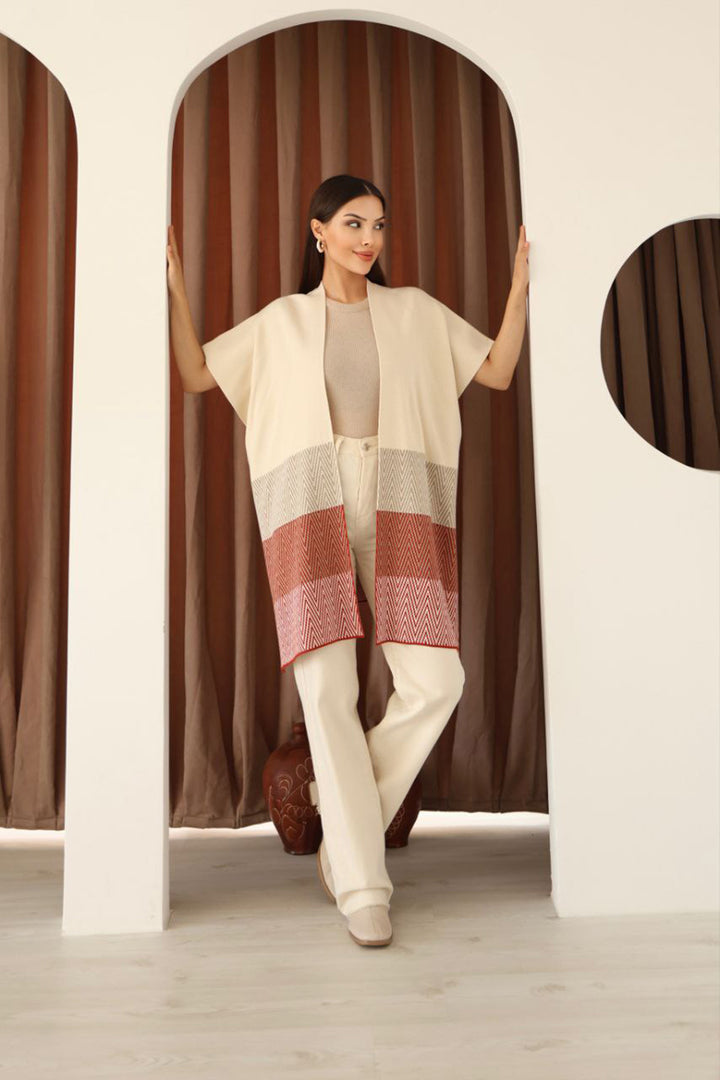 Beige Zigzag Pattern Color Block Wide Cut Cardigan BCES-253006 - Alchevsk