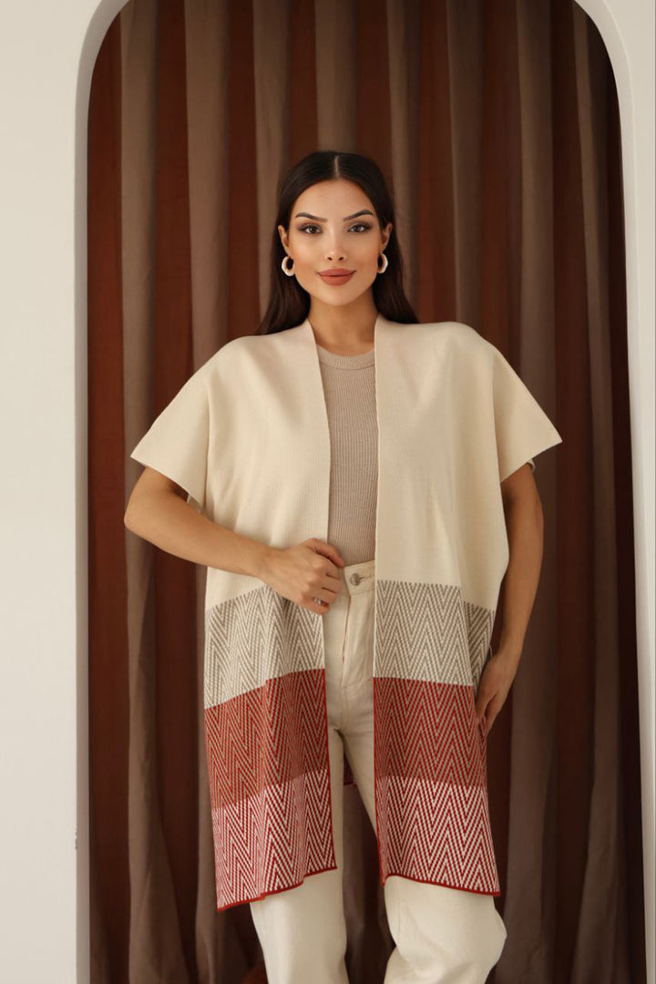 Beige Zigzag Pattern Color Block Wide Cut Cardigan BCES-253006 - Alchevsk