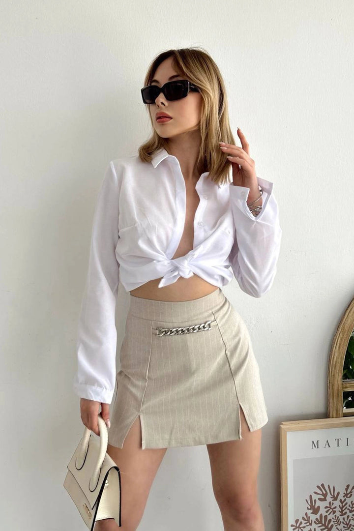 Beige Chain Detailed Slit Skirt Shorts BCHN-2525271 - Eindhoven