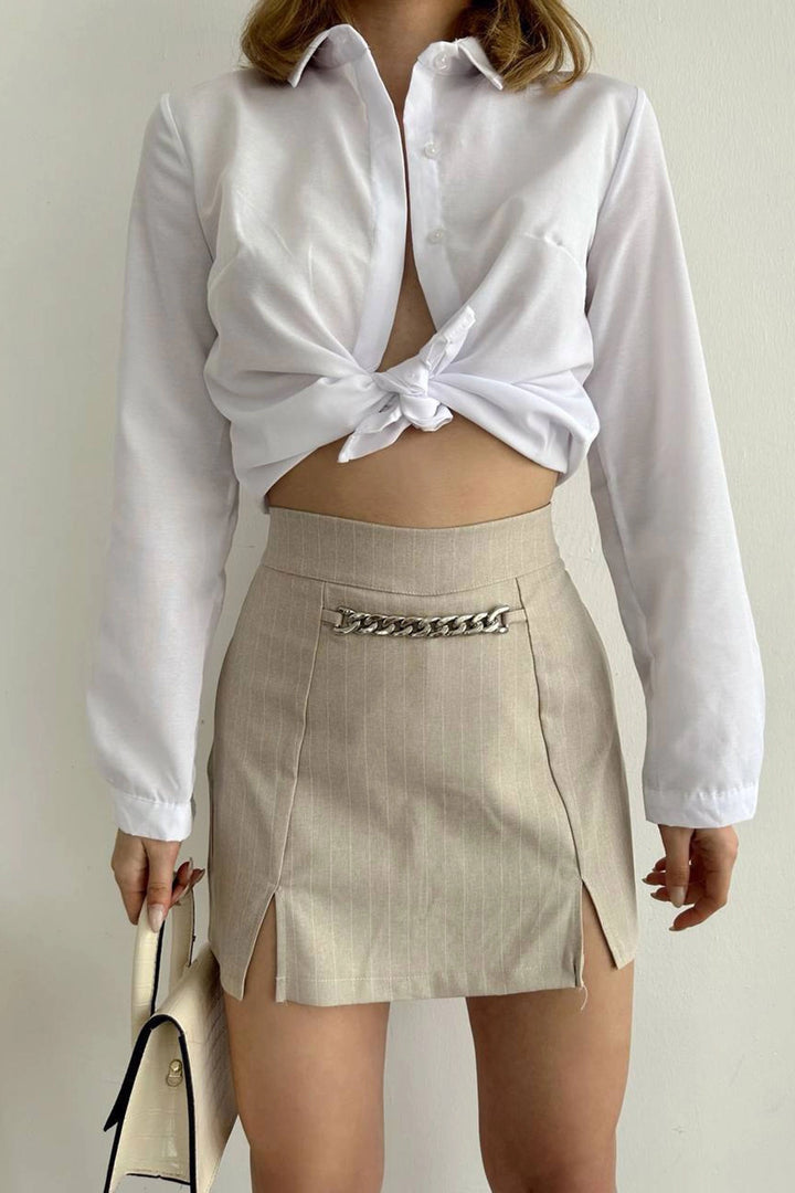 Beige Chain Detailed Slit Skirt Shorts BCHN-2525271 - Eindhoven