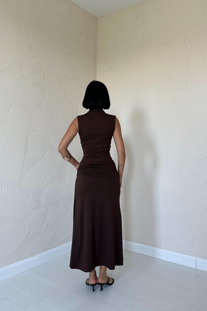 ELS Ruched Fisherman Collar Dress - Brown - Stillwater