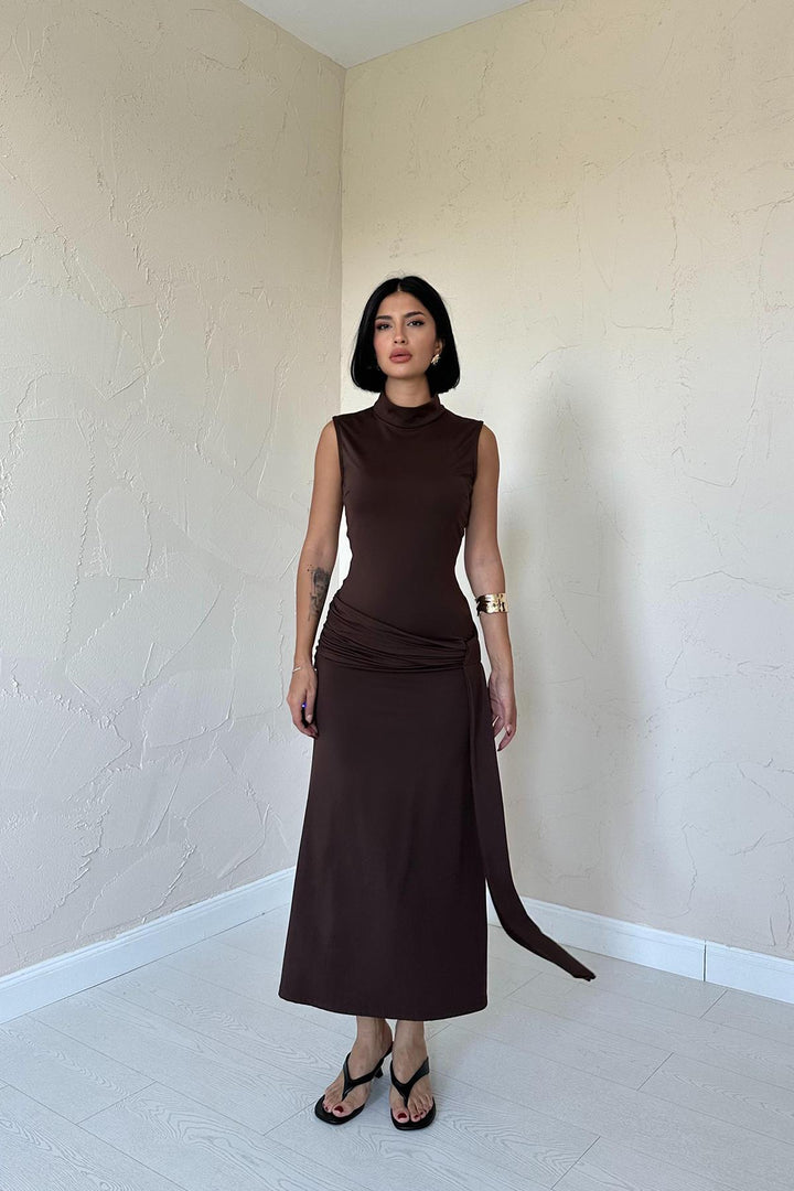ELS Ruched Fisherman Collar Dress - Brown - Stillwater