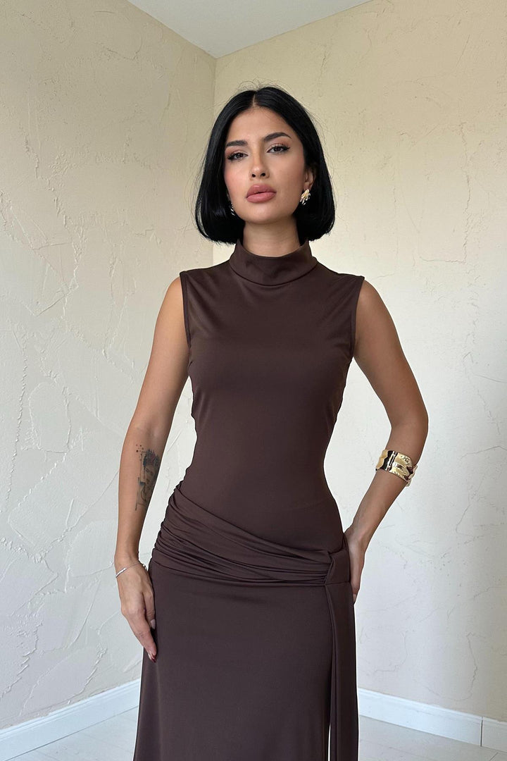 ELS Ruched Fisherman Collar Dress - Brown - Stillwater