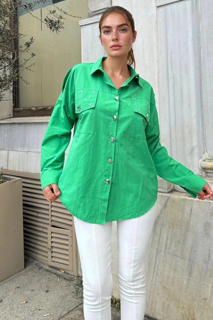 Benetton Snap Button Detailed Epaulet Poplin Loose Shirt BCBSK-25700-3519 - Clarington