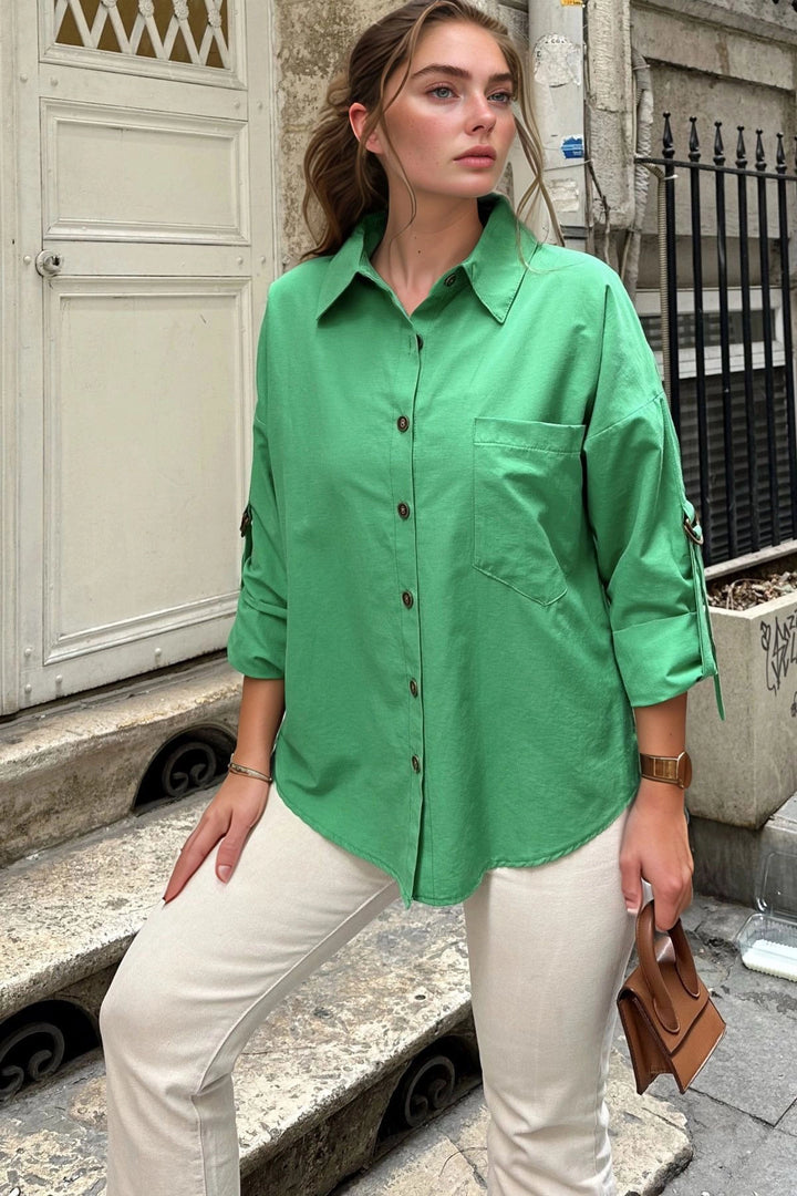 Benetton Collar Epaulet Pocket Poplin Loose Shirt BCBSK-25700-3557 - Mahilyow