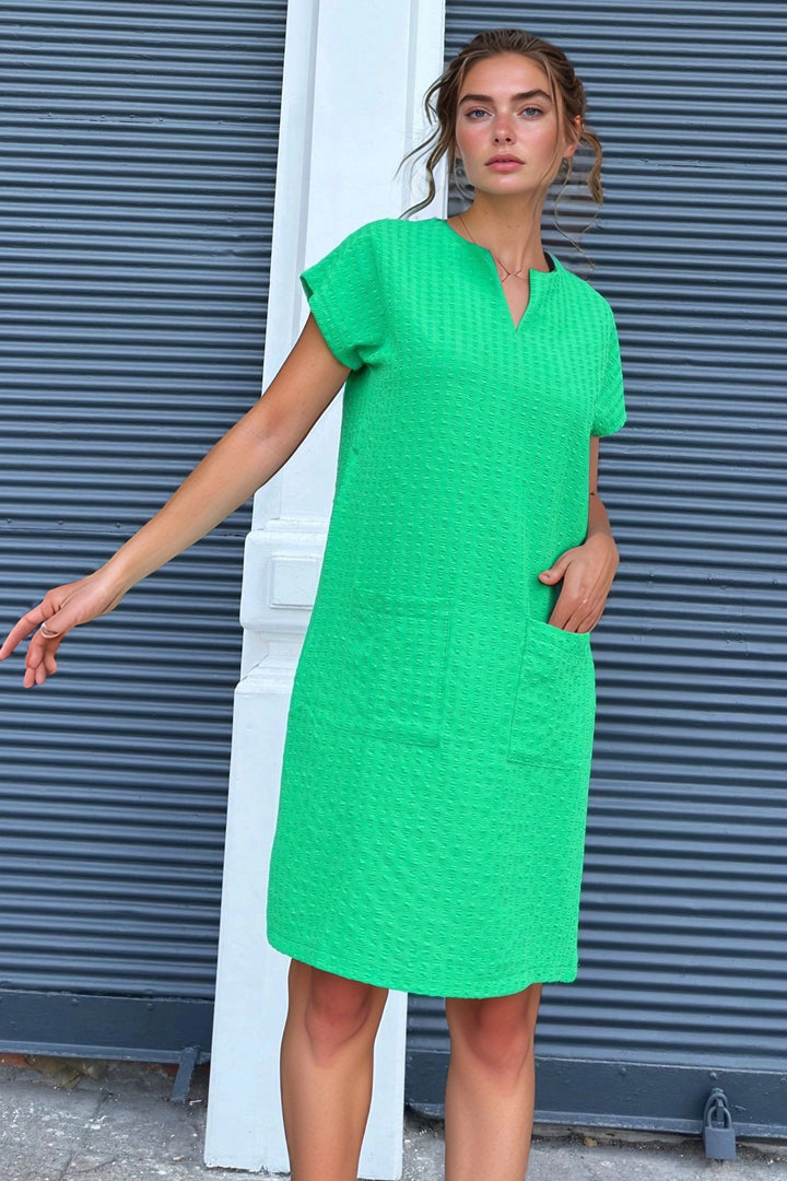 Benetton Collar Slit Pocketed Self-Soft Textured Baggy Dress BCBSK-25700-3655 - Viti