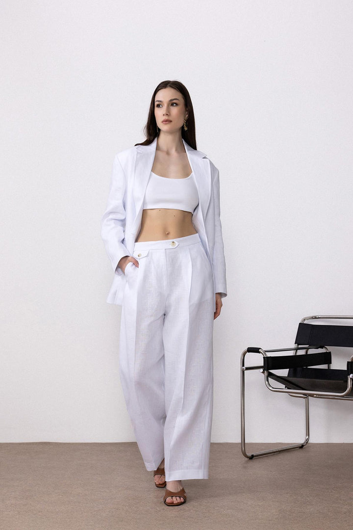 ANT Antioch White 100% Linen High Waisted Pleated Women's Pants - Bristol