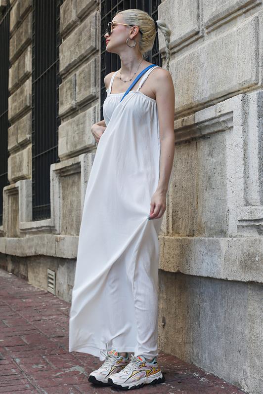 MDX White Strappy Long Loose Ruffled Dress MG1720 - Janesville
