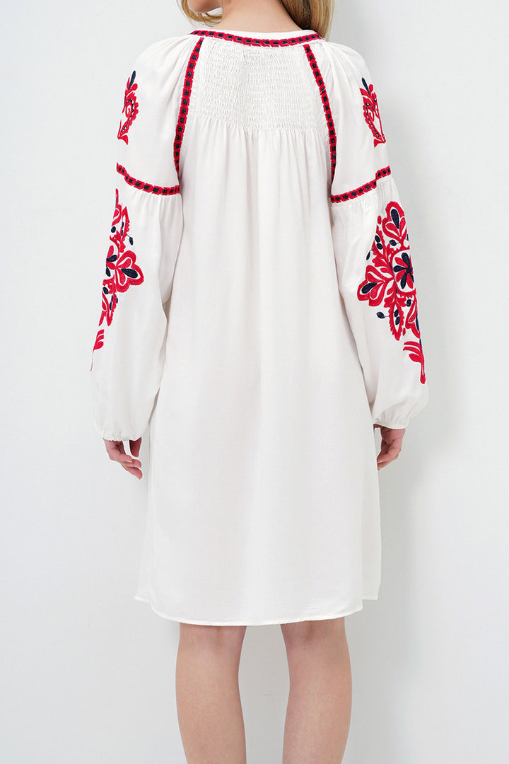 White Balloon Sleeve Embroidered Summer Midi Dress BCHESQ-251083 - Grantham