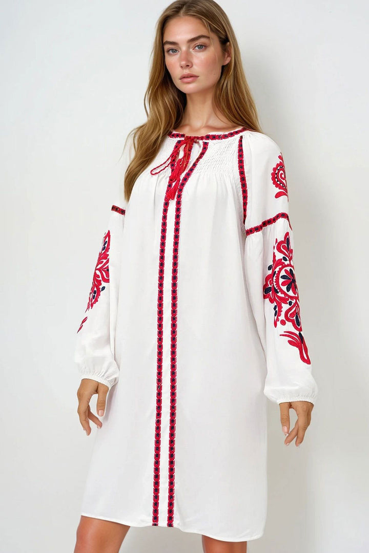 White Balloon Sleeve Embroidered Summer Midi Dress BCHESQ-251083 - Grantham