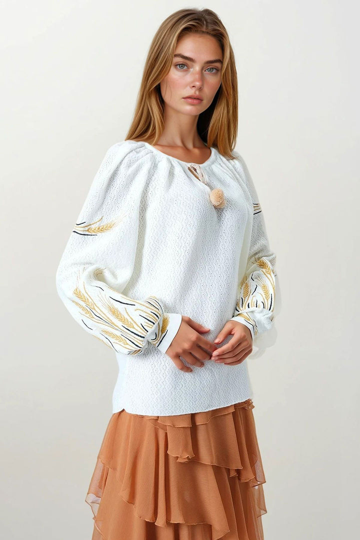White Embroidered Bohemian Blouse with Lace-Up Tassel Detail BCHESQ-251159 - Chattanooga