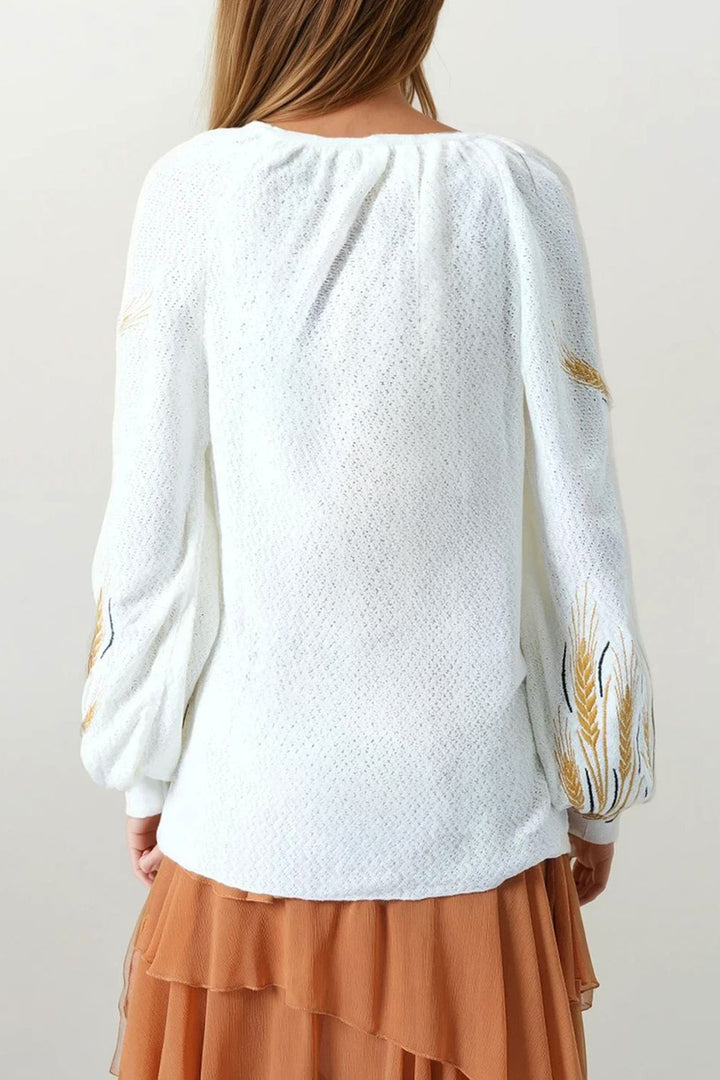 White Embroidered Bohemian Blouse with Lace-Up Tassel Detail BCHESQ-251159 - Chattanooga
