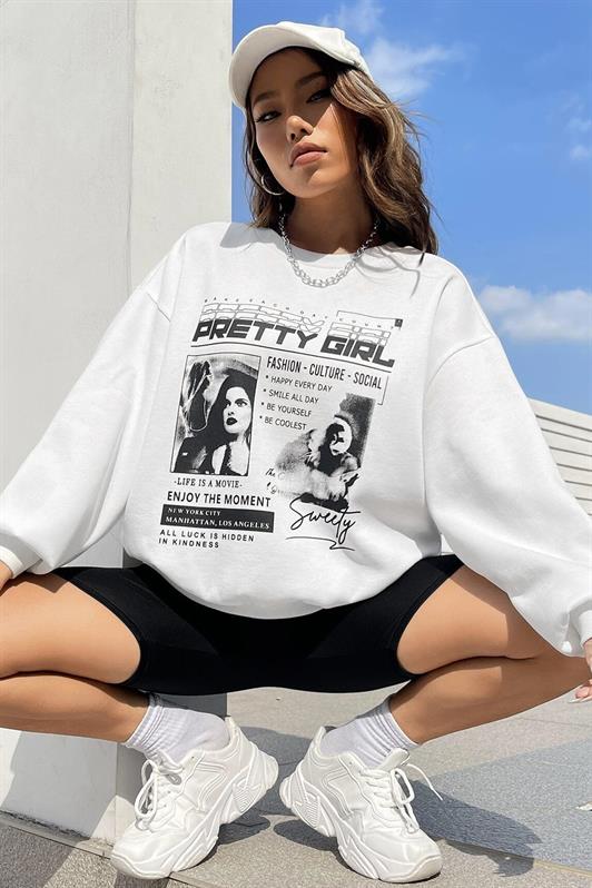 MDX White Printed Oversized Women's Sweatshirt MG1923 - Syracuse