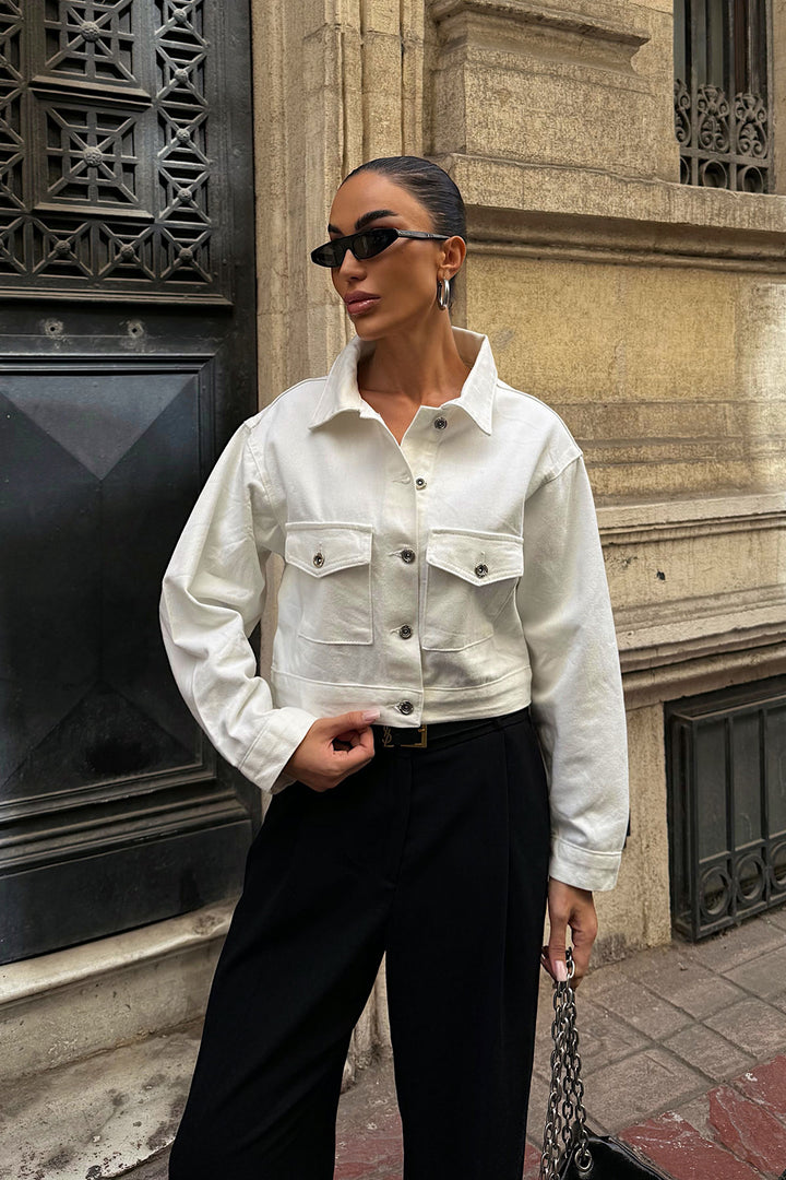 White Double Pocket Denim Crop Jacket BCDF-255419 - Castelldefels