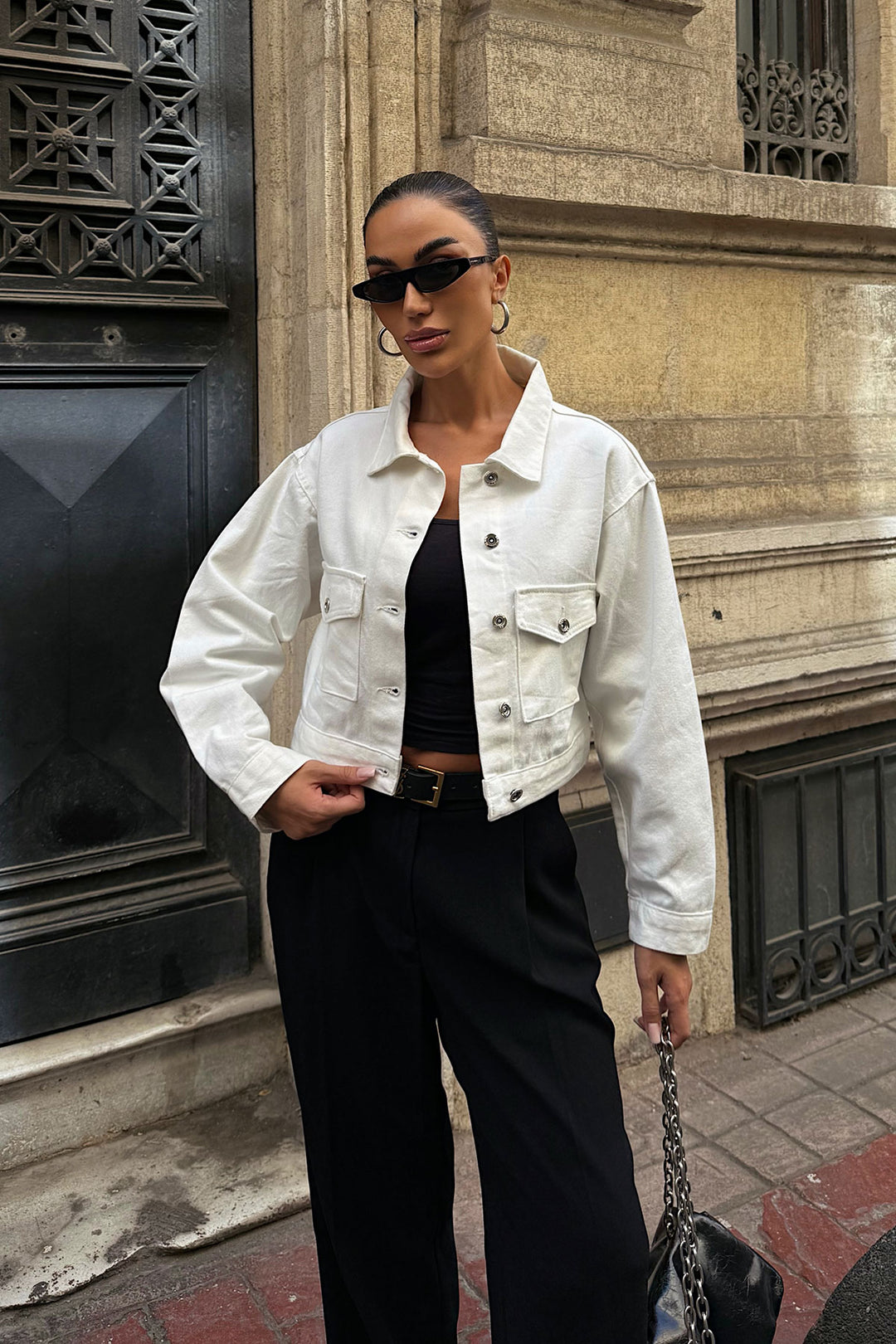 White Double Pocket Denim Crop Jacket BCDF-255419 - Castelldefels