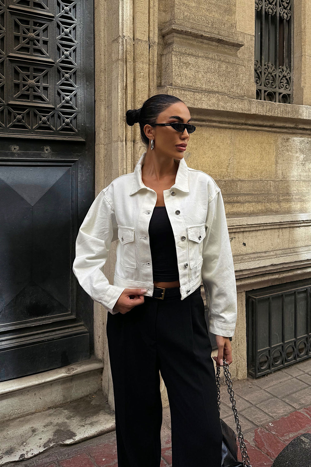 White Double Pocket Denim Crop Jacket BCDF-255419 - Castelldefels