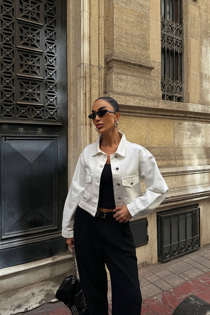 White Double Pocket Denim Crop Jacket BCDF-255419 - Castelldefels
