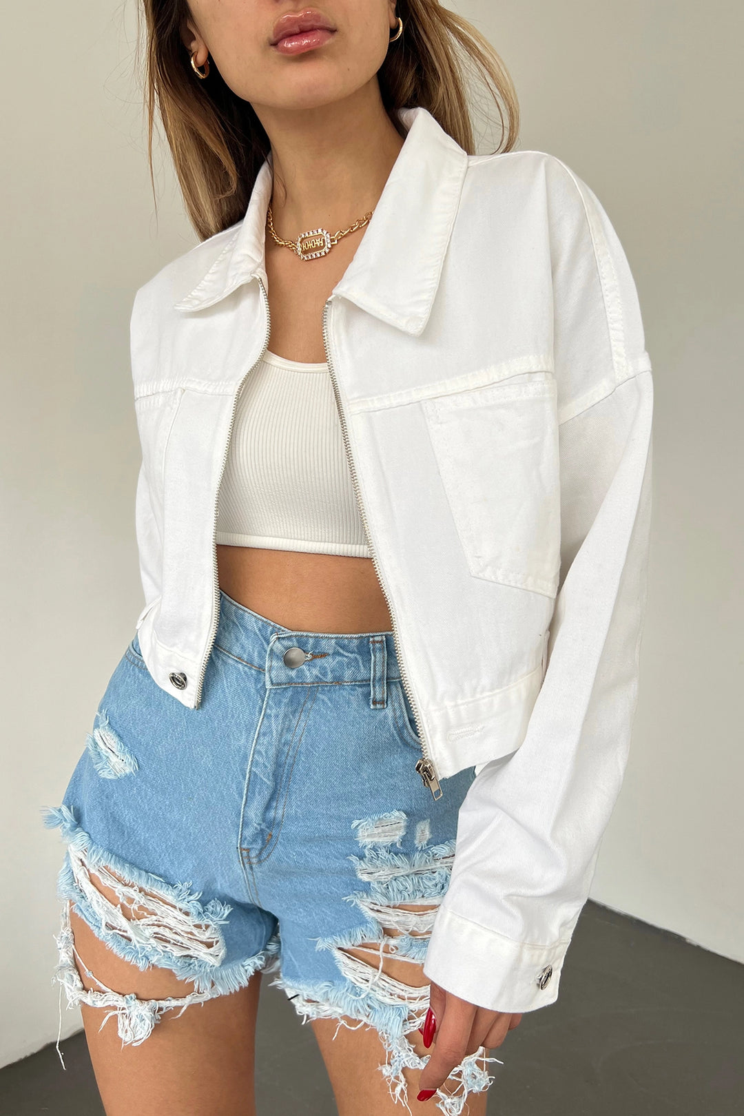 White Double Pocket Zippered Washed Crop Denim Jacket BCDF-235410 - Sterling Heights