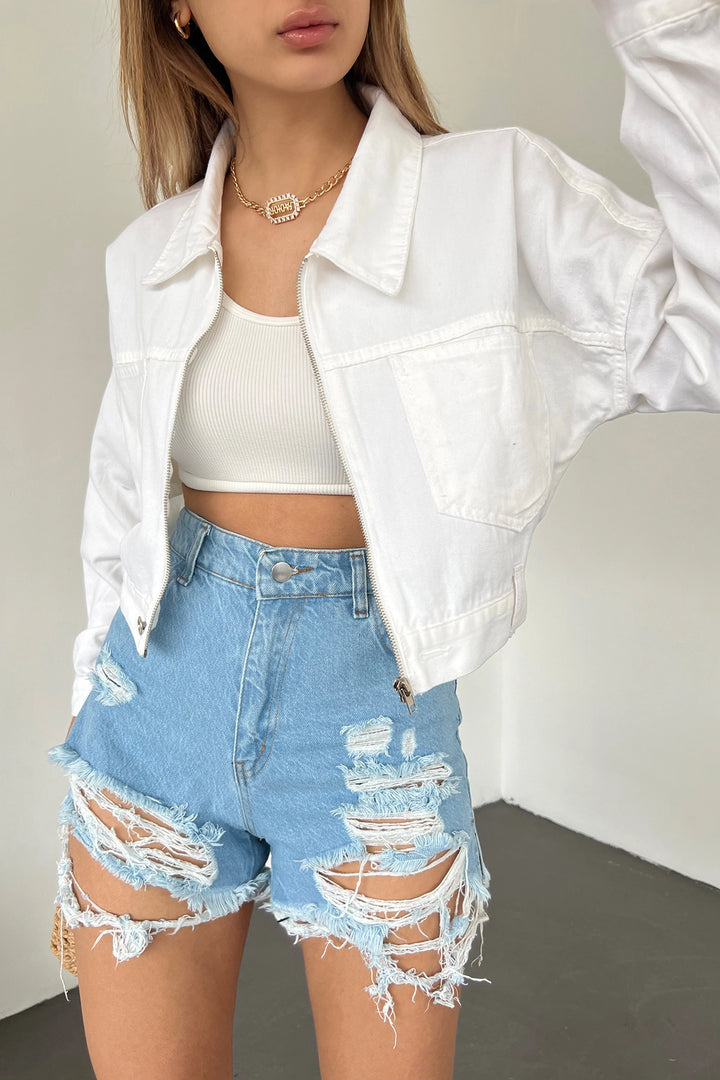 White Double Pocket Zippered Washed Crop Denim Jacket BCDF-235410 - Sterling Heights
