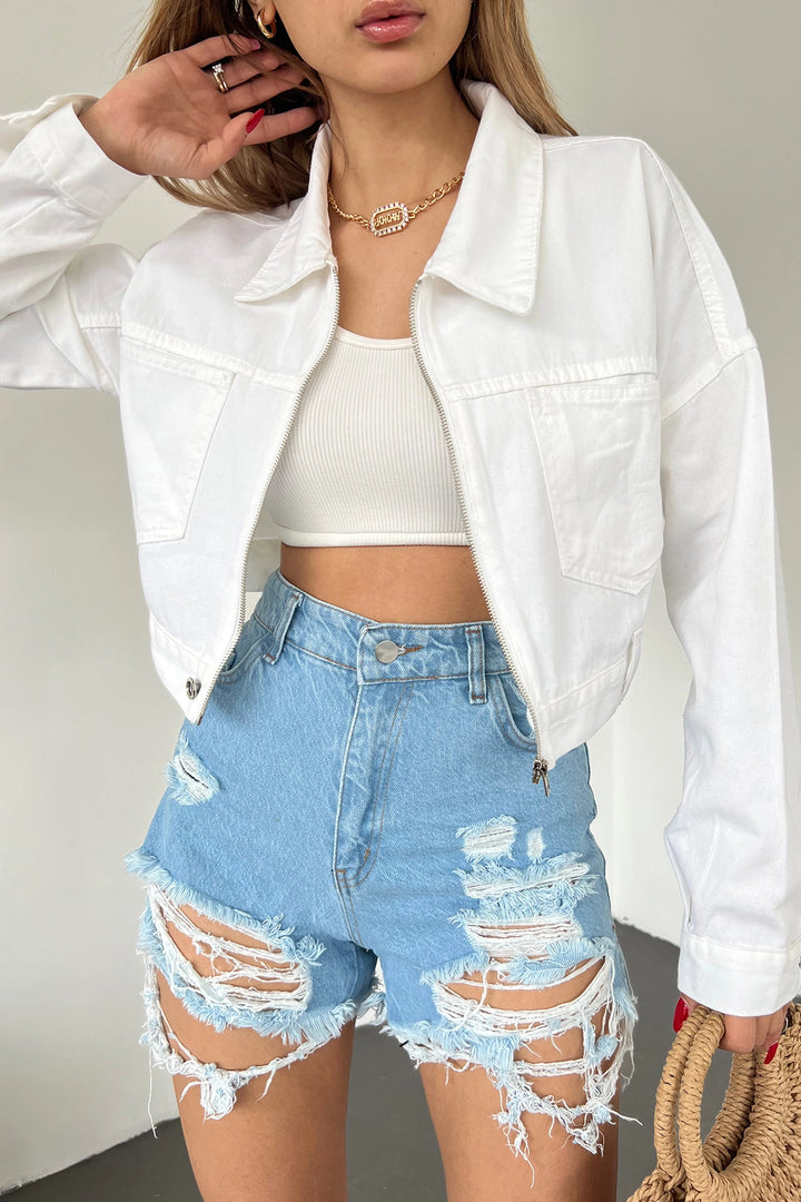 White Double Pocket Zippered Washed Crop Denim Jacket BCDF-235410 - Sterling Heights