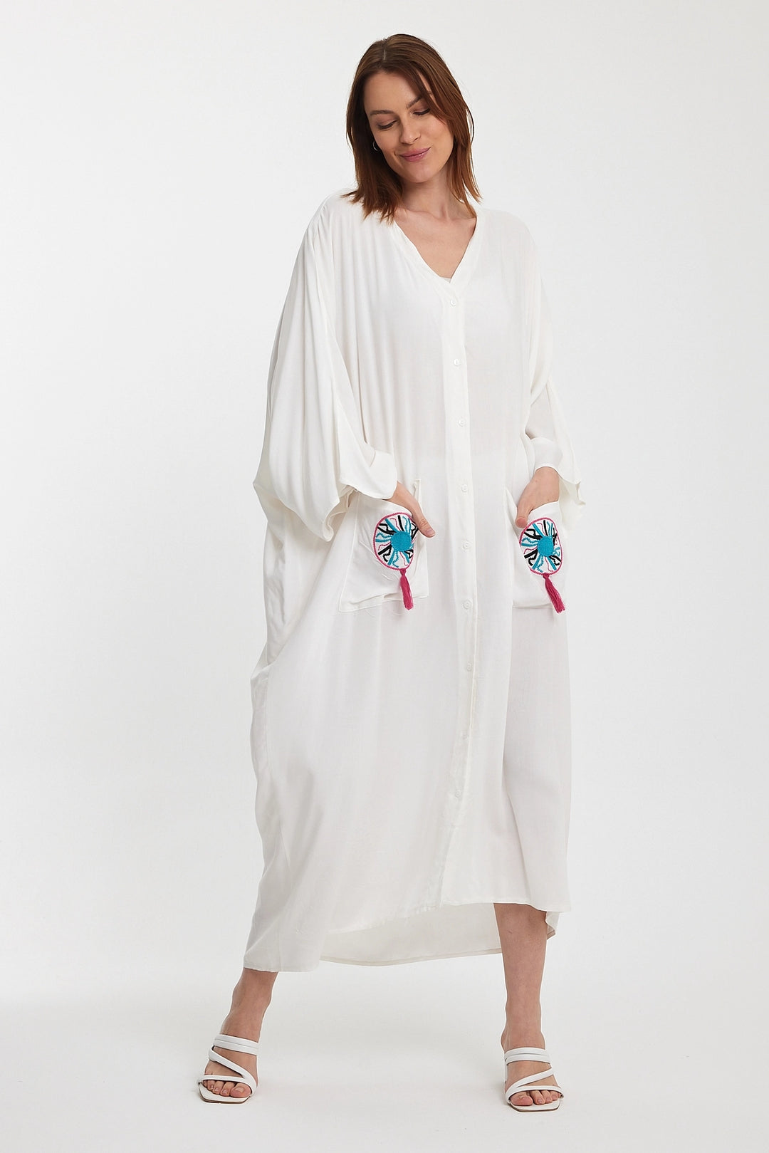 Maxi Boy White Double Pocket Embroidered Long Loose Woven Shirt Dress BCVL-24948 - Coburg