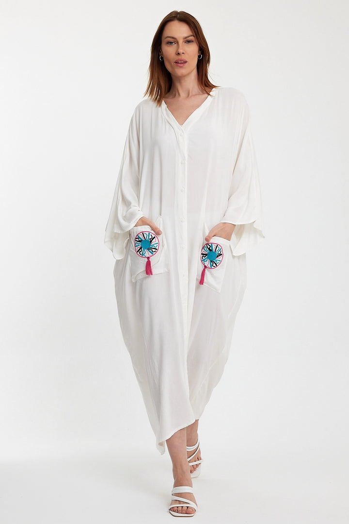 Maxi Boy White Double Pocket Embroidered Long Loose Woven Shirt Dress BCVL-24948 - Coburg