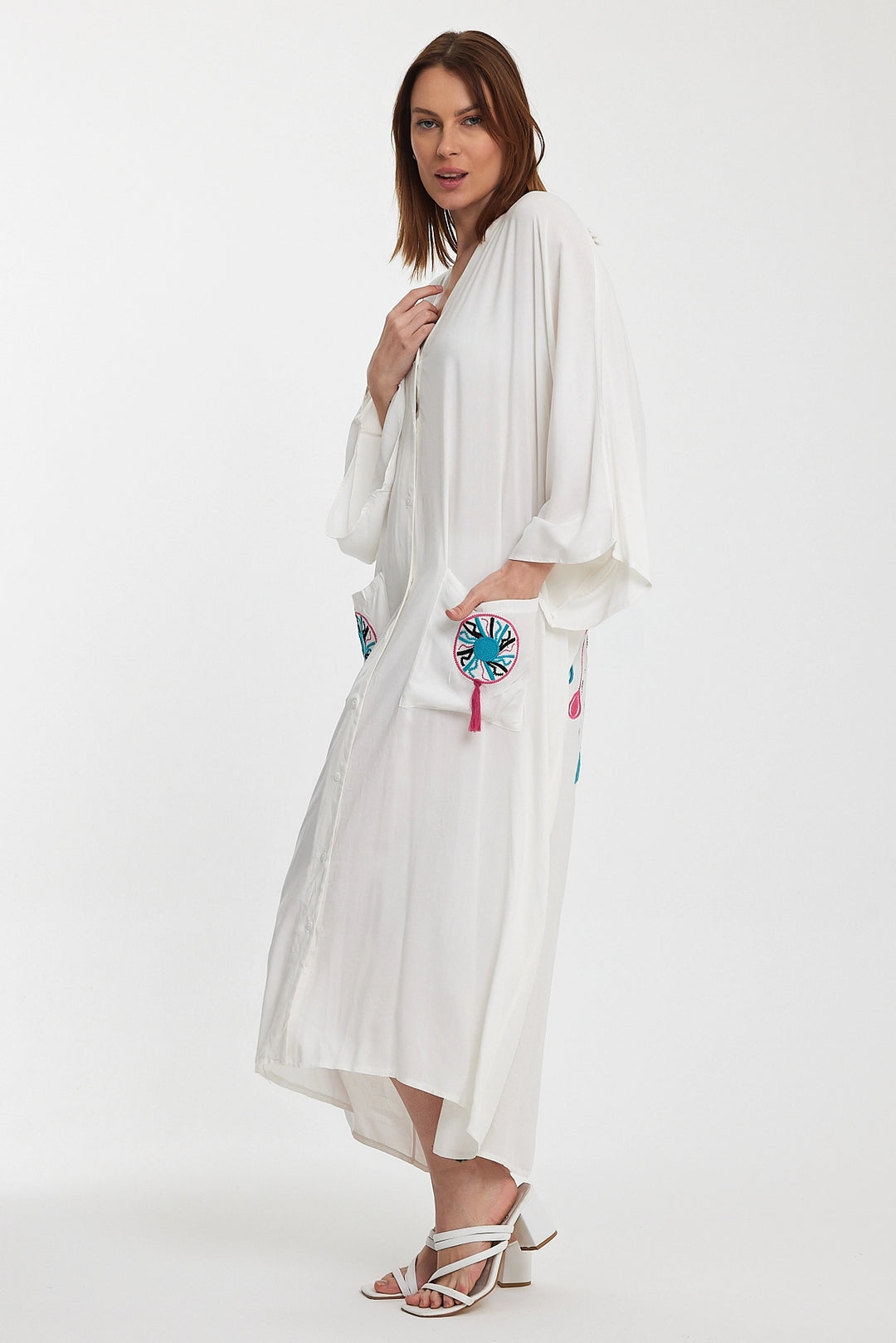 Maxi Boy White Double Pocket Embroidered Long Loose Woven Shirt Dress BCVL-24948 - Coburg