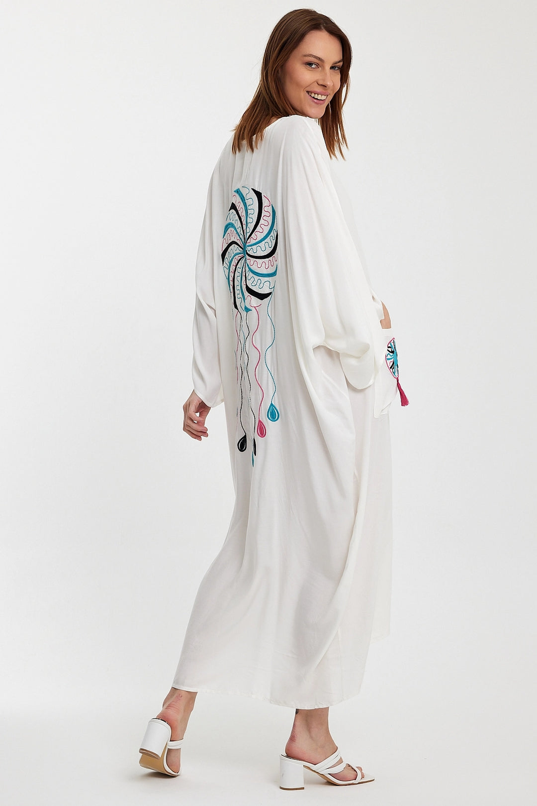 Maxi Boy White Double Pocket Embroidered Long Loose Woven Shirt Dress BCVL-24948 - Coburg