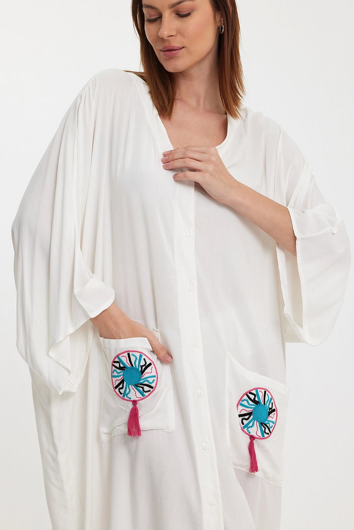 Maxi Boy White Double Pocket Embroidered Long Loose Woven Shirt Dress BCVL-24948 - Coburg
