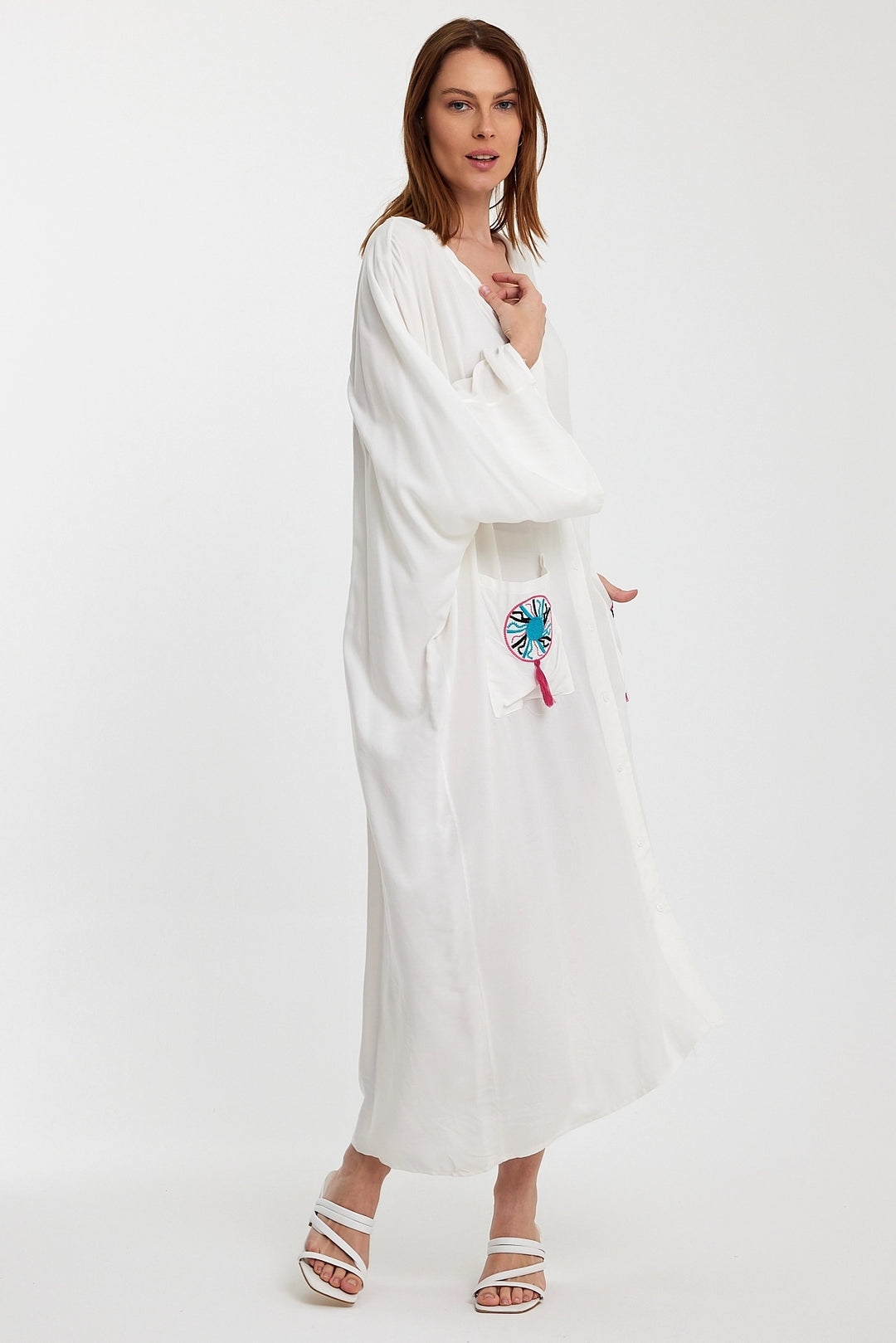 Maxi Boy White Double Pocket Embroidered Long Loose Woven Shirt Dress BCVL-24948 - Coburg